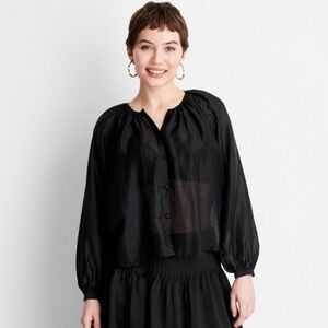 Future Collective - Women's Balloon Long Sleeve Flowy Sheer Boho Top - Black